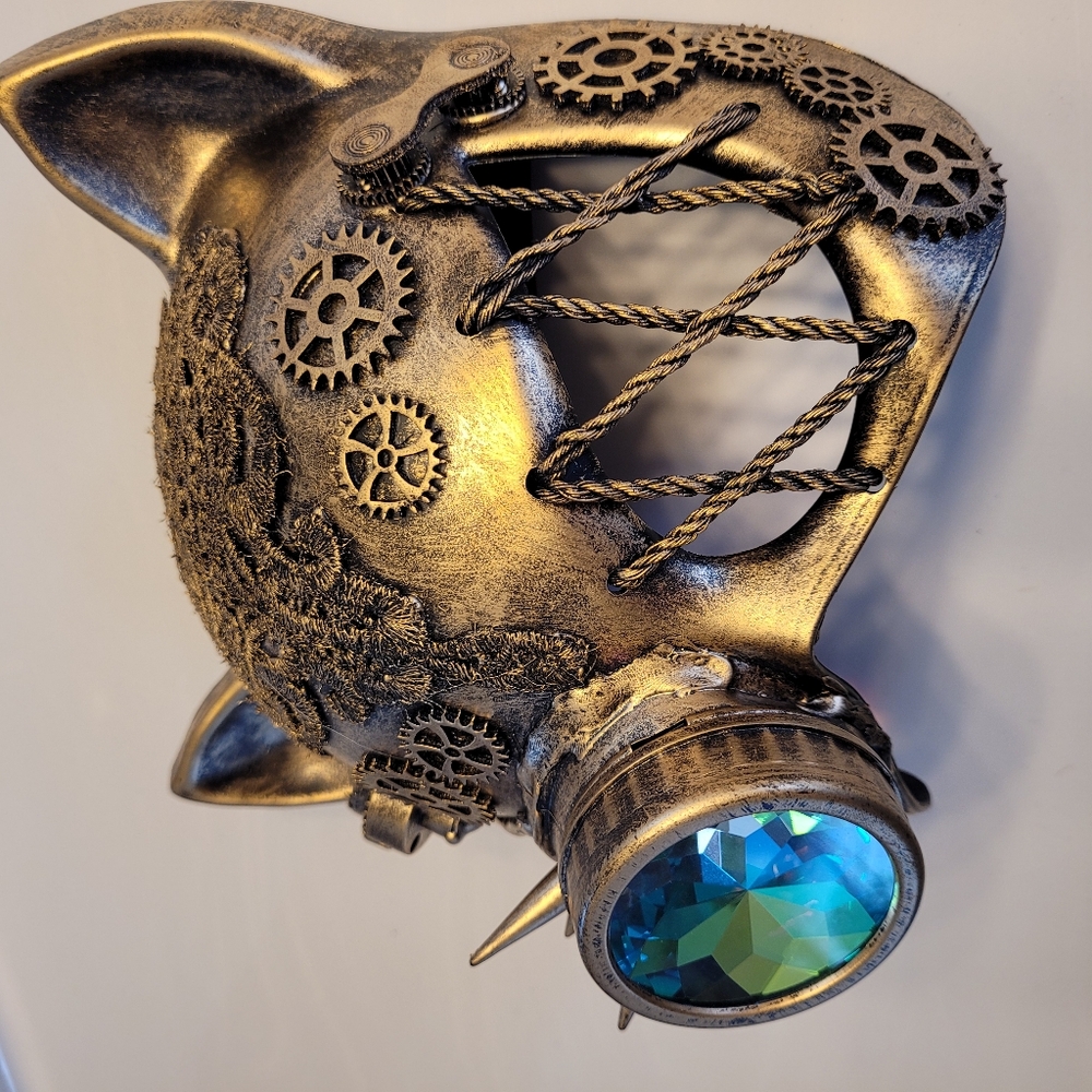 Cat Steampunk Mask Antiqued Gold-tone Lace, Spikes, & Gears Rainbow Kaleidescope - Picture 5 of 16